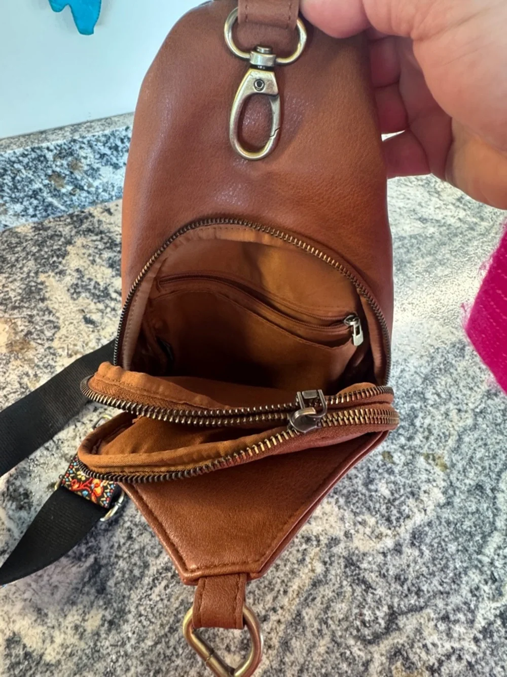 Small Brown Leather Sling Bag with colorful strap - Picture 4 of 4
